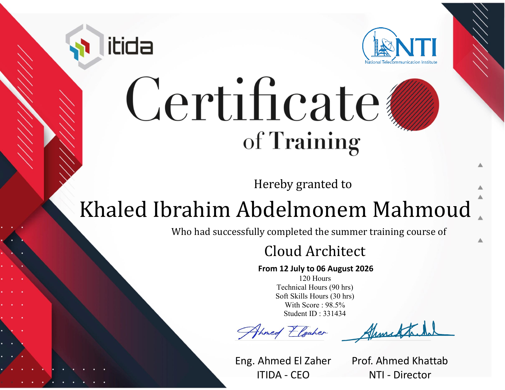 Certificate of Training for Khaled Ibrahim in Cloud Architect training from NTI